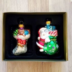 NIB Treasured Glass Ornaments - Set of 2 Santa Claus and Bear in a Stocking Red